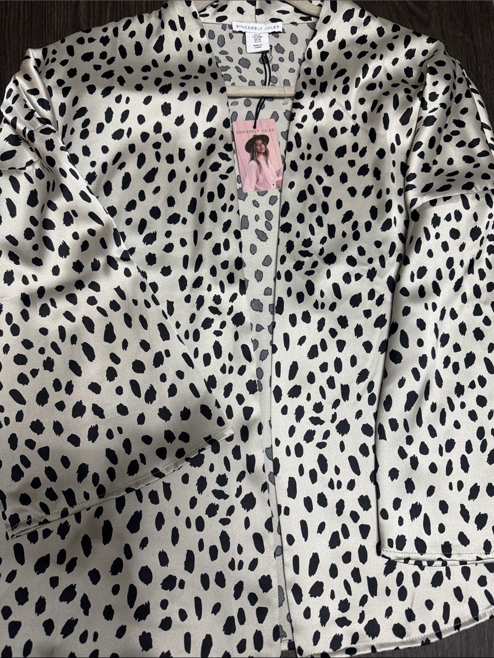 Black Spot Satin Open Front Blouse